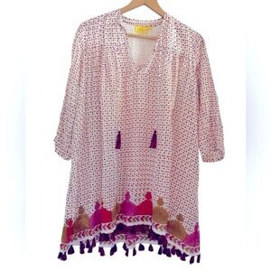 Roller Rabbit Polka Dot Cotton Tassel Tie Trim Tunic Top Beach Cover Up - Small